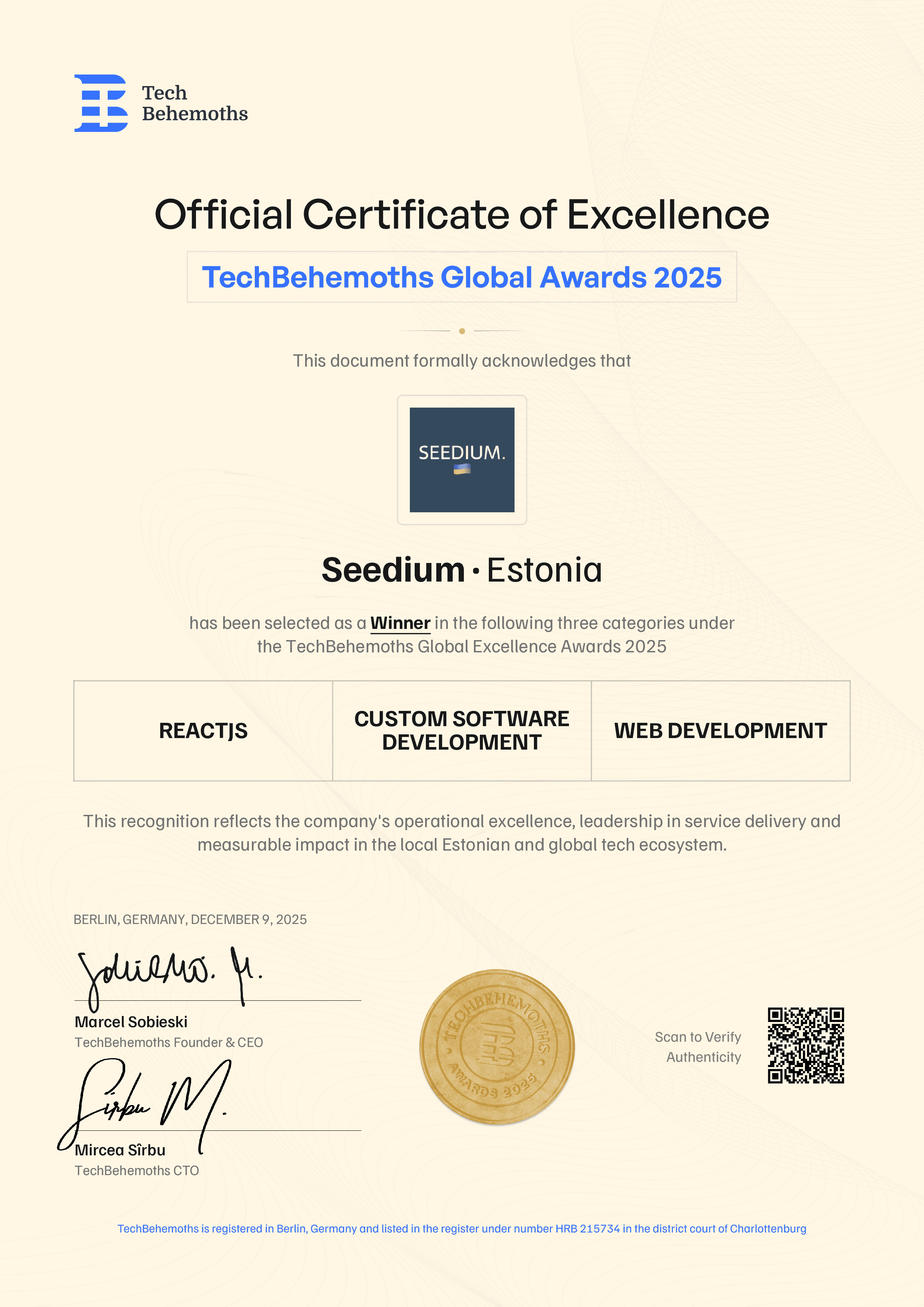 Official certificate that recognizes Seedium's tech expertise